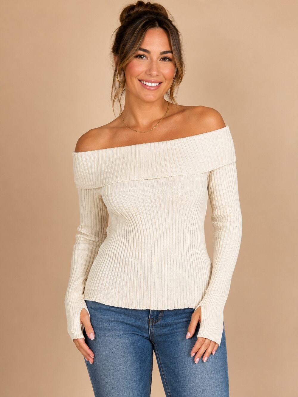 Ardene Women’s XL Cream Ribbed Off Shoulder Sweater Thumb Hole 100% Cotton